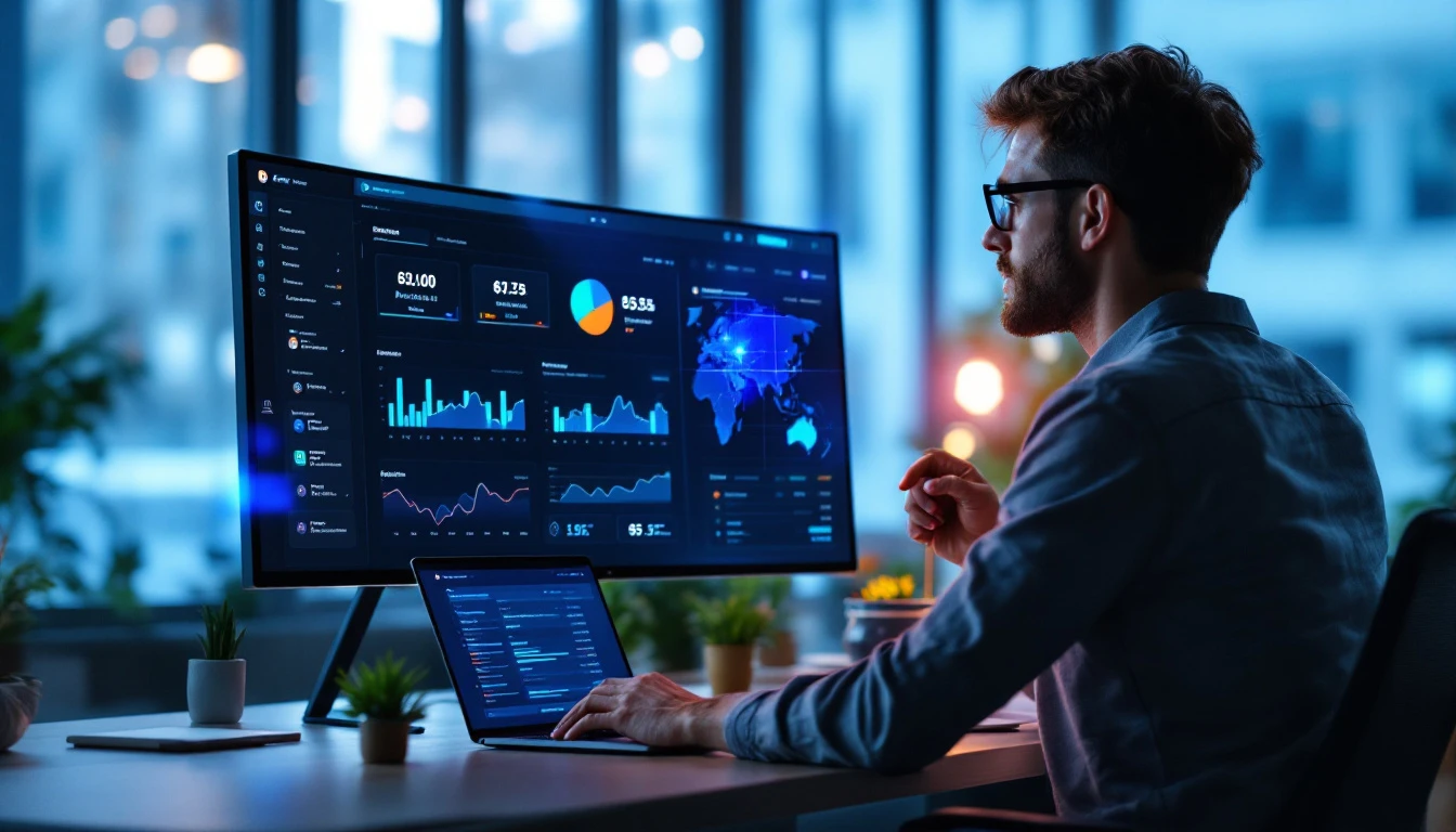 Business owner reviewing Microsoft Dynamics 365 Business Central ERP dashboard on laptop