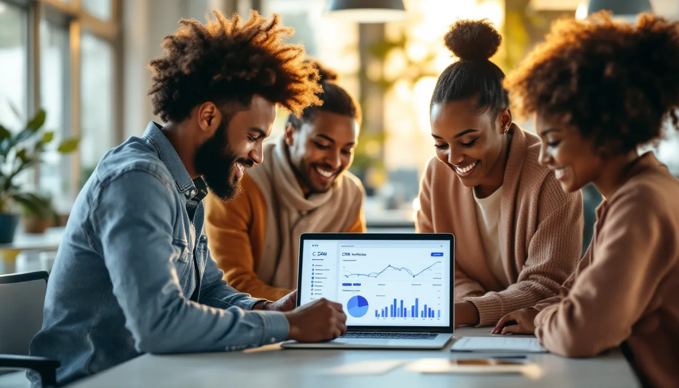 Dynamics 365 CRM benefits — small business team reviewing a sales dashboard together