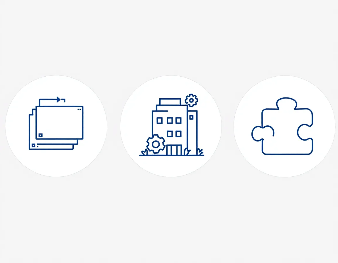 Three icons representing tech stack, ERP needs, and customization depth as CRM decision factors