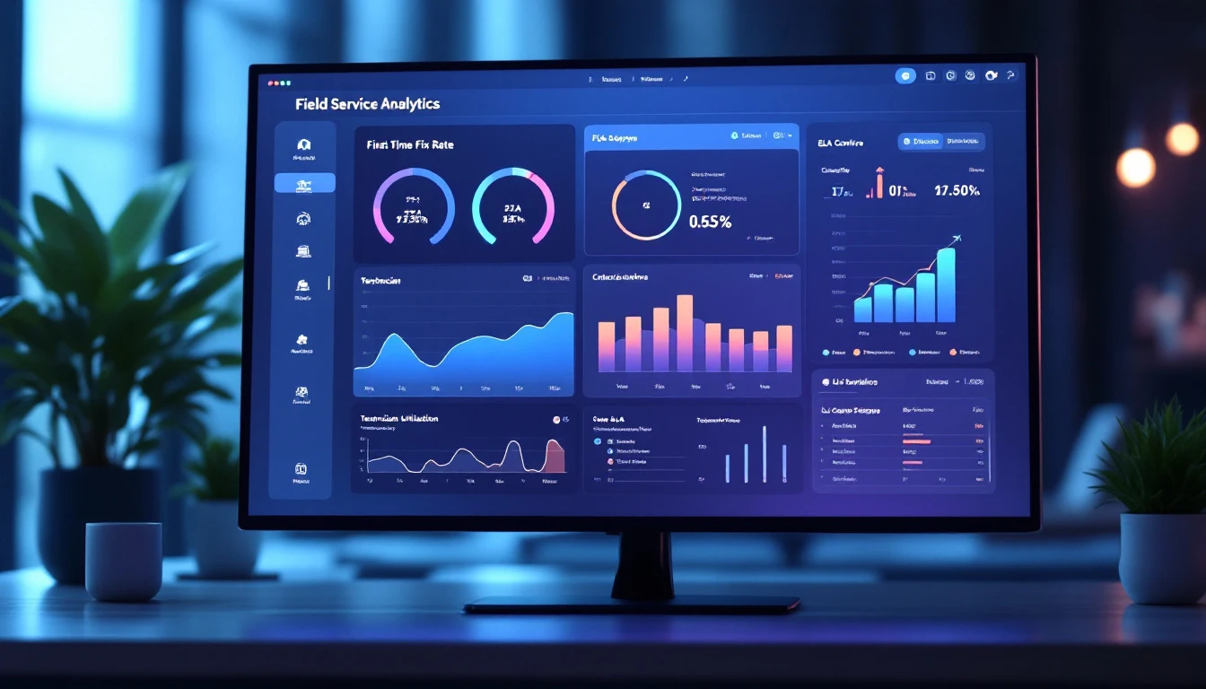 Field service analytics dashboard showing first-time fix rate and technician utilization metrics