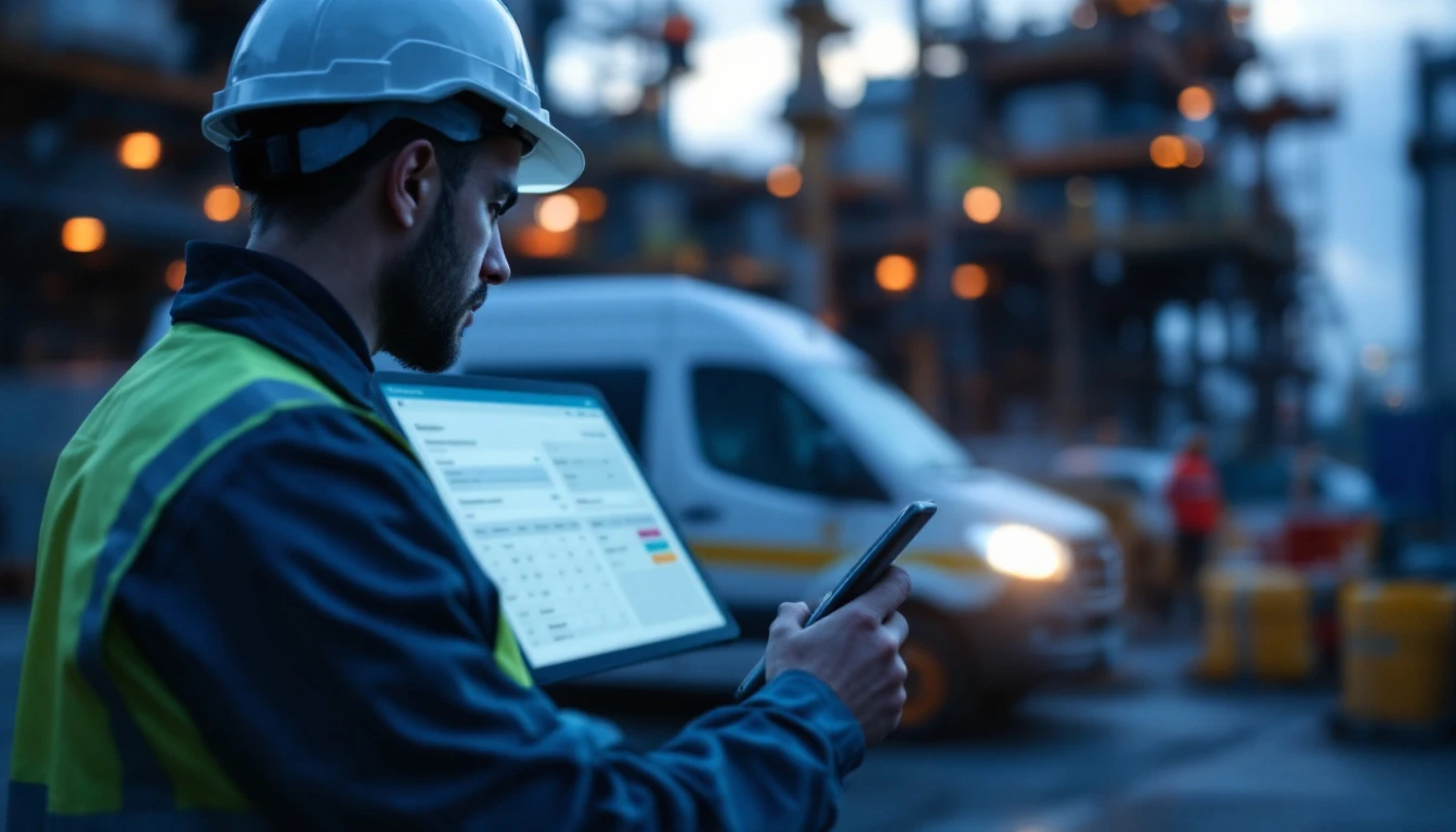 Field technician using Microsoft Dynamics 365 Field Service mobile app on-site with work order dashboard