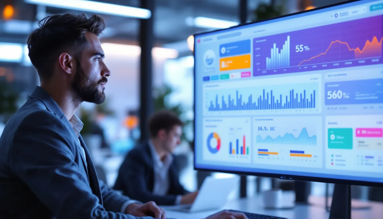 Marketing consultant reviewing omnichannel campaign performance dashboard