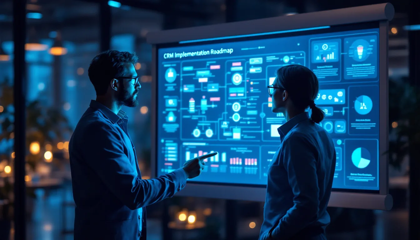 Consultant reviewing Dynamics 365 Sales implementation roadmap on screen