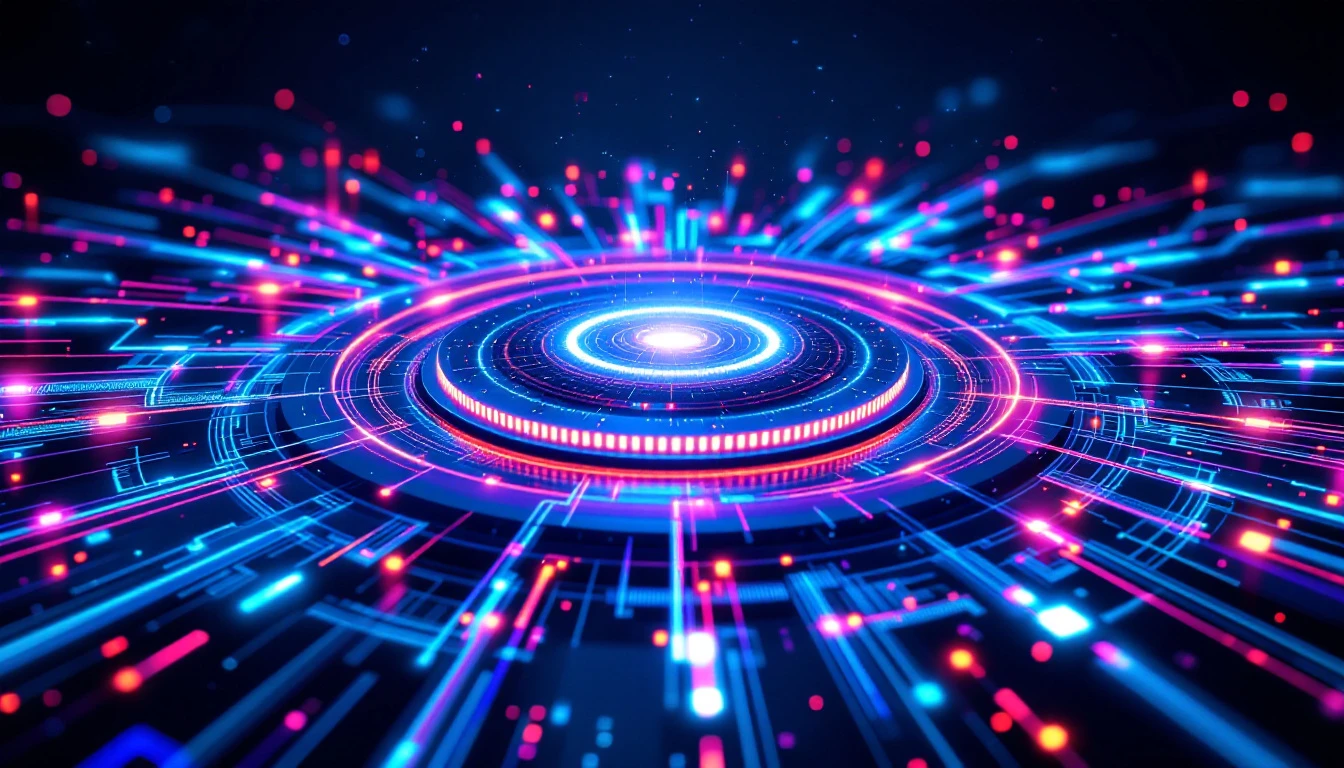 Futuristic visualization of a unified Microsoft Fabric data lakehouse architecture with data streams merging into a central hub
