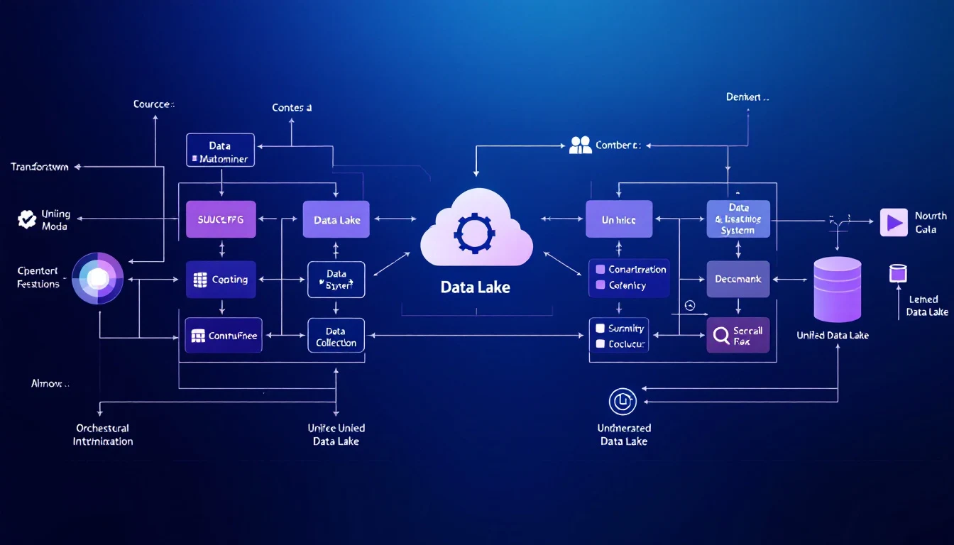 Diagram-style visualization of an orchestrated Microsoft Fabric data pipeline moving data from source systems to OneLake