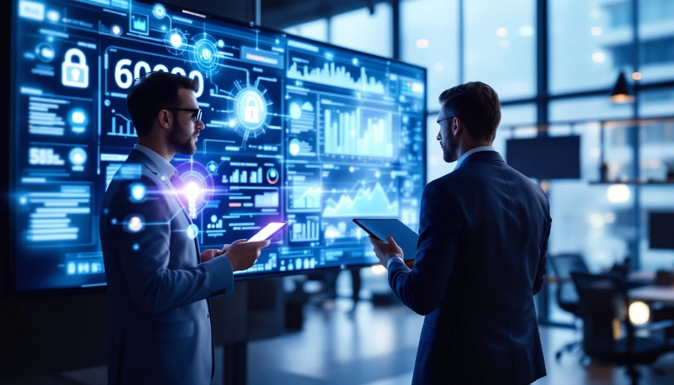 Business analysts reviewing an AI-driven data governance and insights dashboard powered by Microsoft Fabric