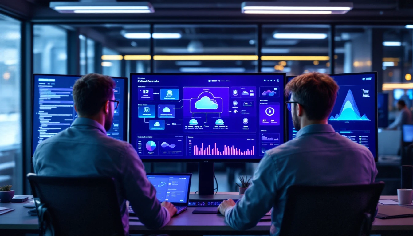 Data engineers reviewing a Microsoft Fabric OneLake lakehouse implementation on large monitors