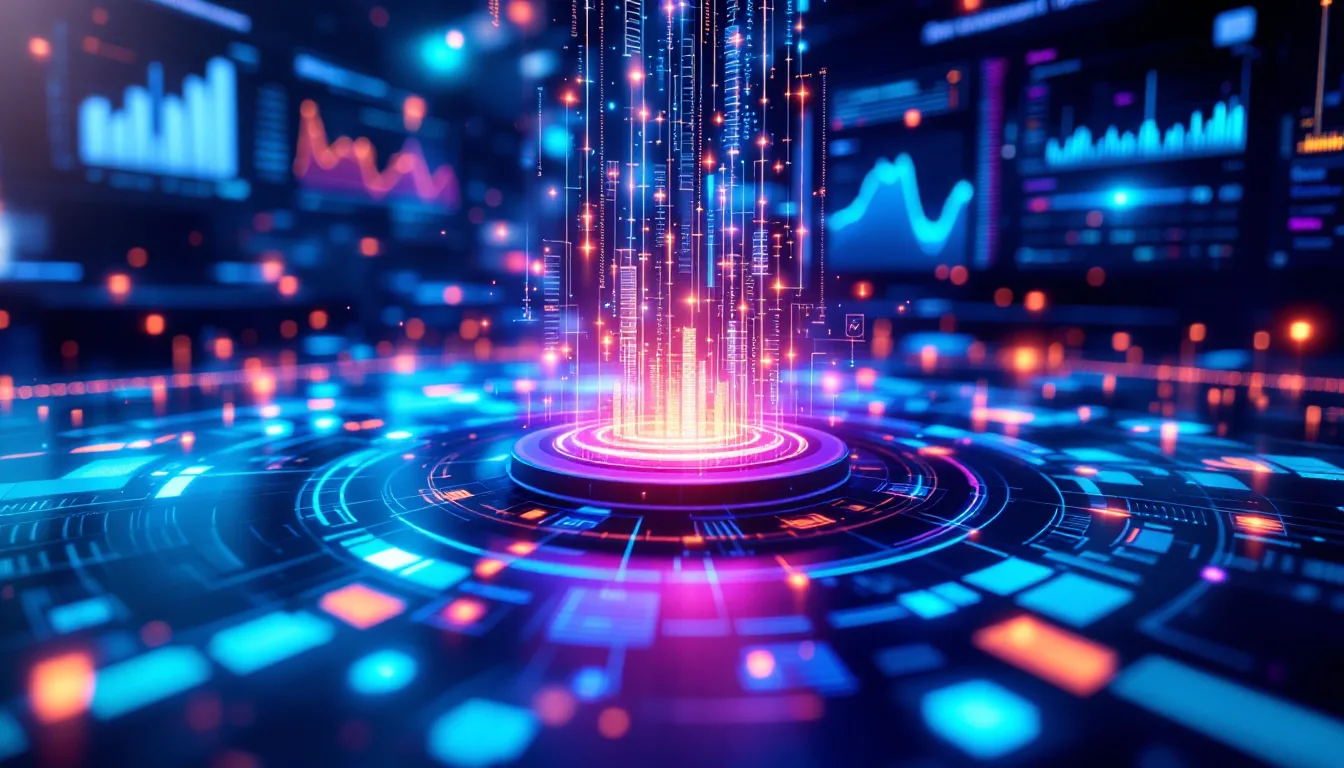 Futuristic real-time analytics dashboard visualizing live streaming data flowing into a central Microsoft Fabric hub