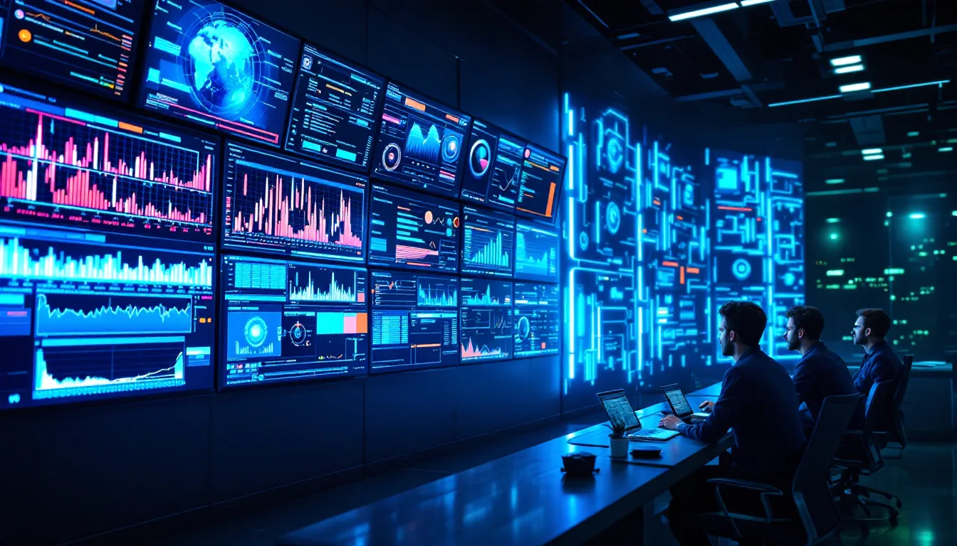 Data engineers monitoring real-time streaming data pipelines on large control room monitors