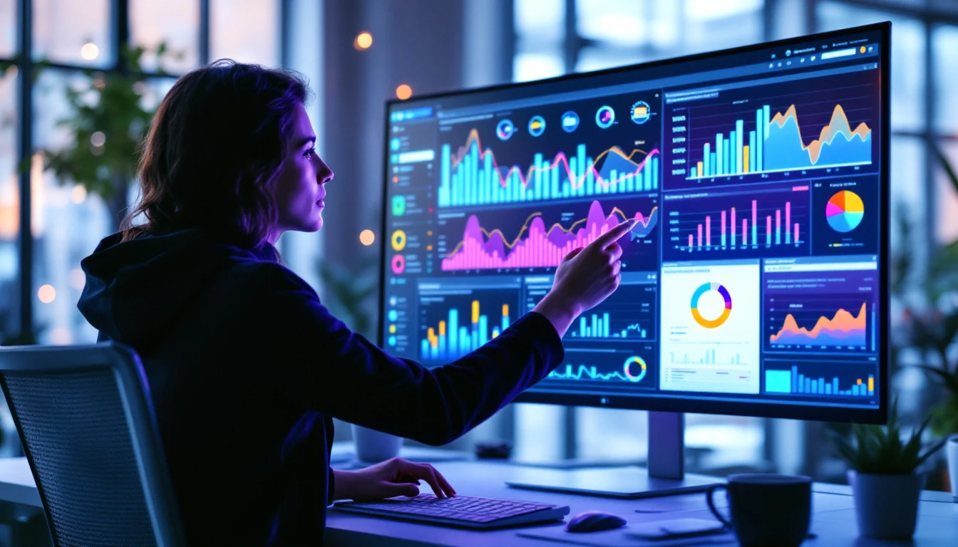Business analyst reviewing an interactive Microsoft Power BI dashboard
