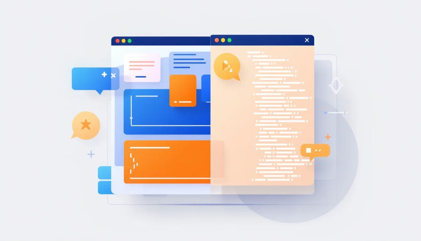 Split illustration comparing a low-code app builder interface and a traditional software development workflow