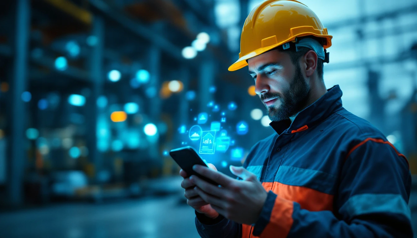 Field worker using a custom Power Apps mobile application on a smartphone