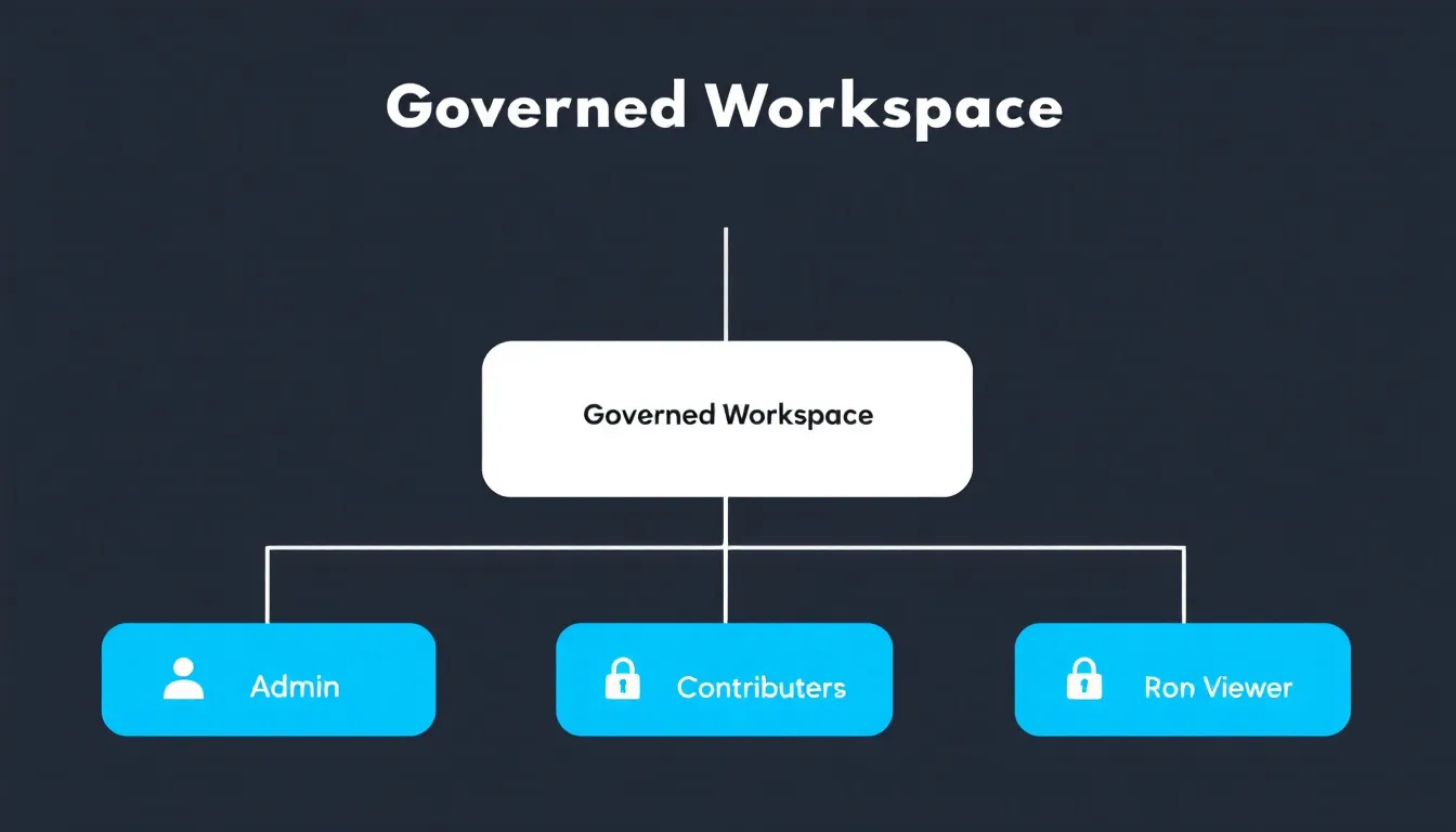 Diagram of a governed Power BI workspace structure with role-based access and row-level security