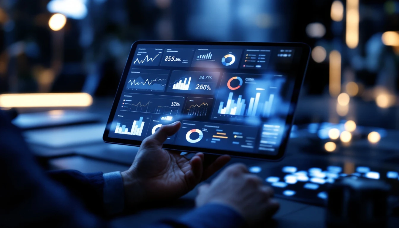 Executive reviewing a Power BI dashboard on a tablet during a meeting