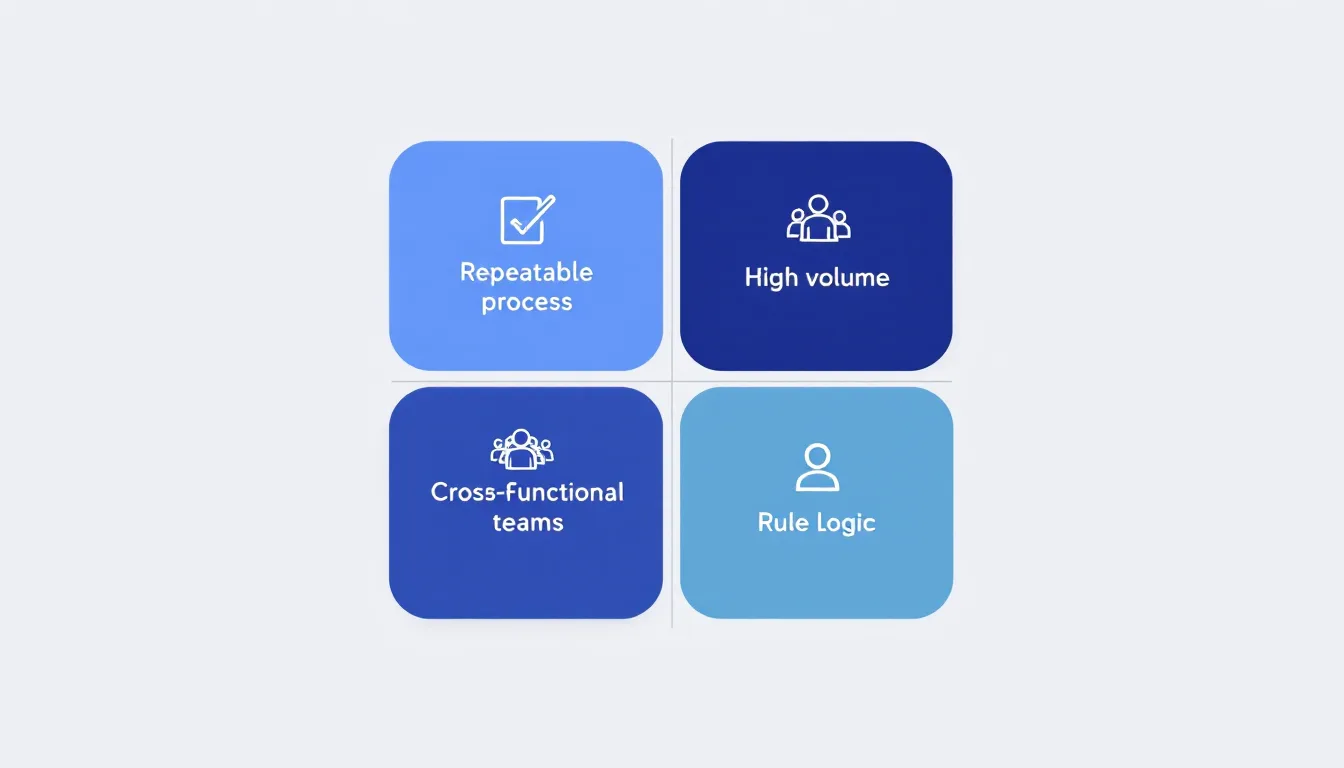 Process-scoring framework showing four criteria for automation candidates: repeatable, high-volume, cross-functional, rule-based