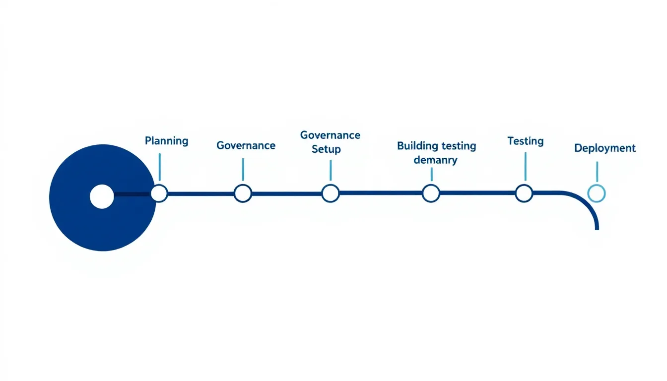 Timeline diagram of a Power Platform implementation showing planning, governance setup, building, testing, and deployment phases