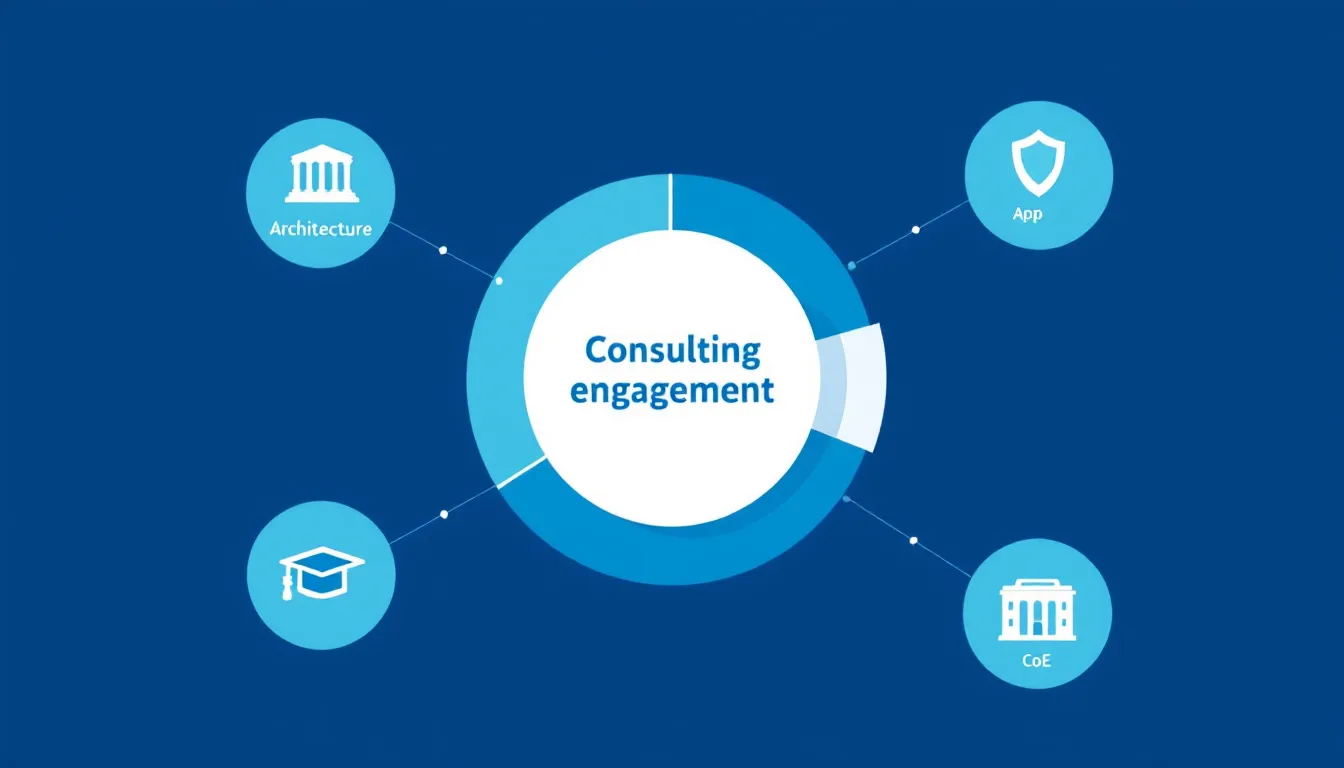 Diagram showing the scope of a Power Platform consulting engagement, including architecture, governance, apps, licensing, training, and CoE