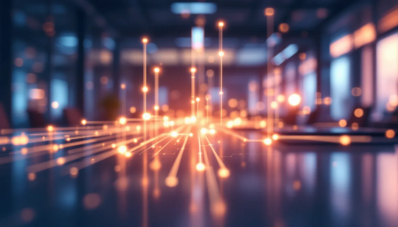 Glowing holographic automated workflow pipeline with connected nodes