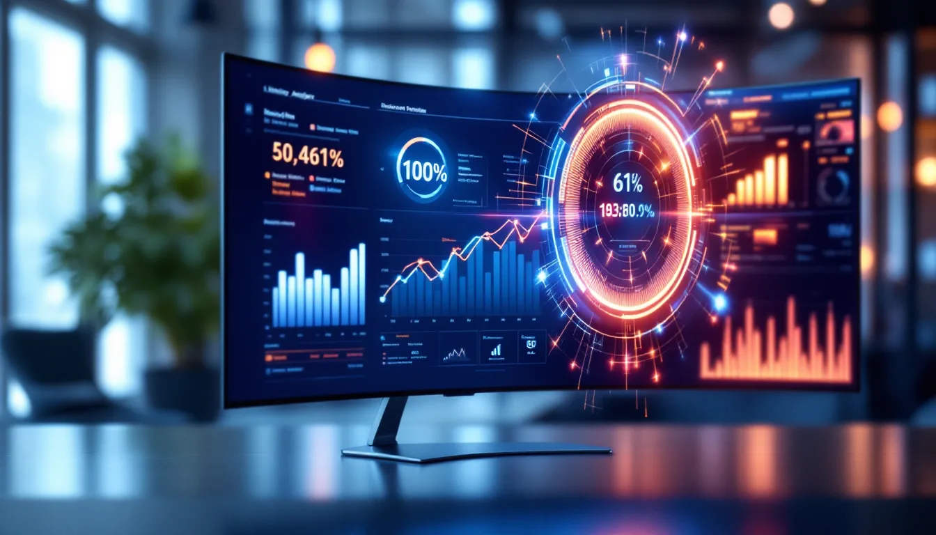 A business analytics dashboard with a glowing AI insight overlay