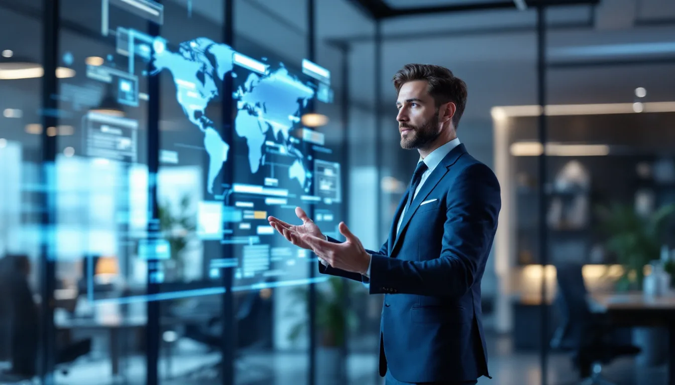 A consultant gesturing toward a holographic roadmap floating above a conference table