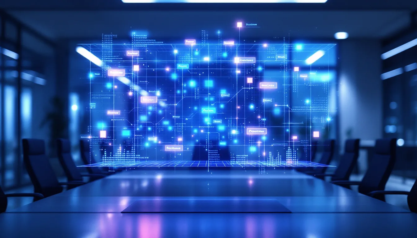 A glowing holographic matrix grid representing prioritizing initiatives