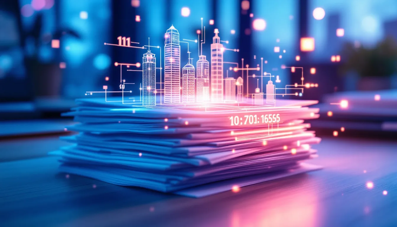 Stacks of paper documents being digitized with a glowing scan overlay