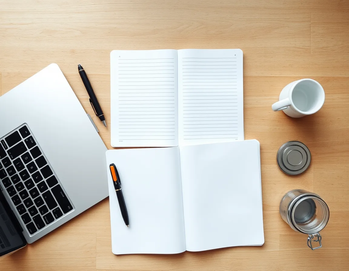 Desk with a laptop, two open notebooks, pens, a cup, and an empty glass jar, representing budgeting for AI licenses and usage