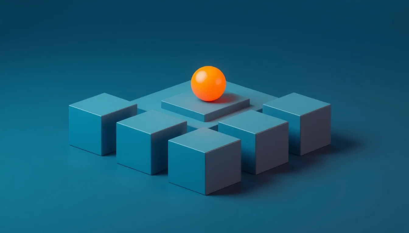 Blue blocks arranged around a raised base with an orange sphere on top, representing the foundations checked in an AI readiness assessment