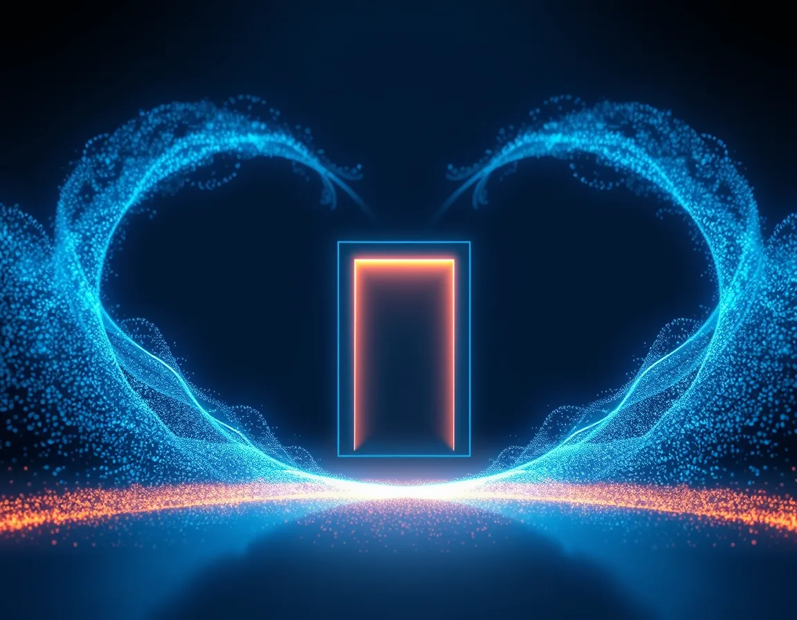 Streams of glowing particles converging on a lit gateway, representing an AI gateway enforcing token limits on model traffic