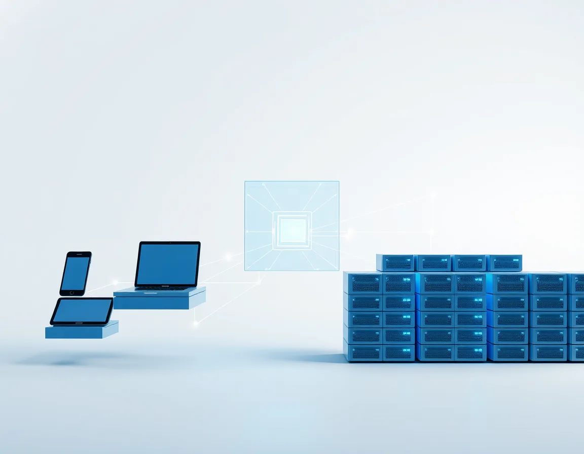 A central glowing hub routing connections between client devices on one side and backend servers on the other, representing Azure API Management as a policy gateway
