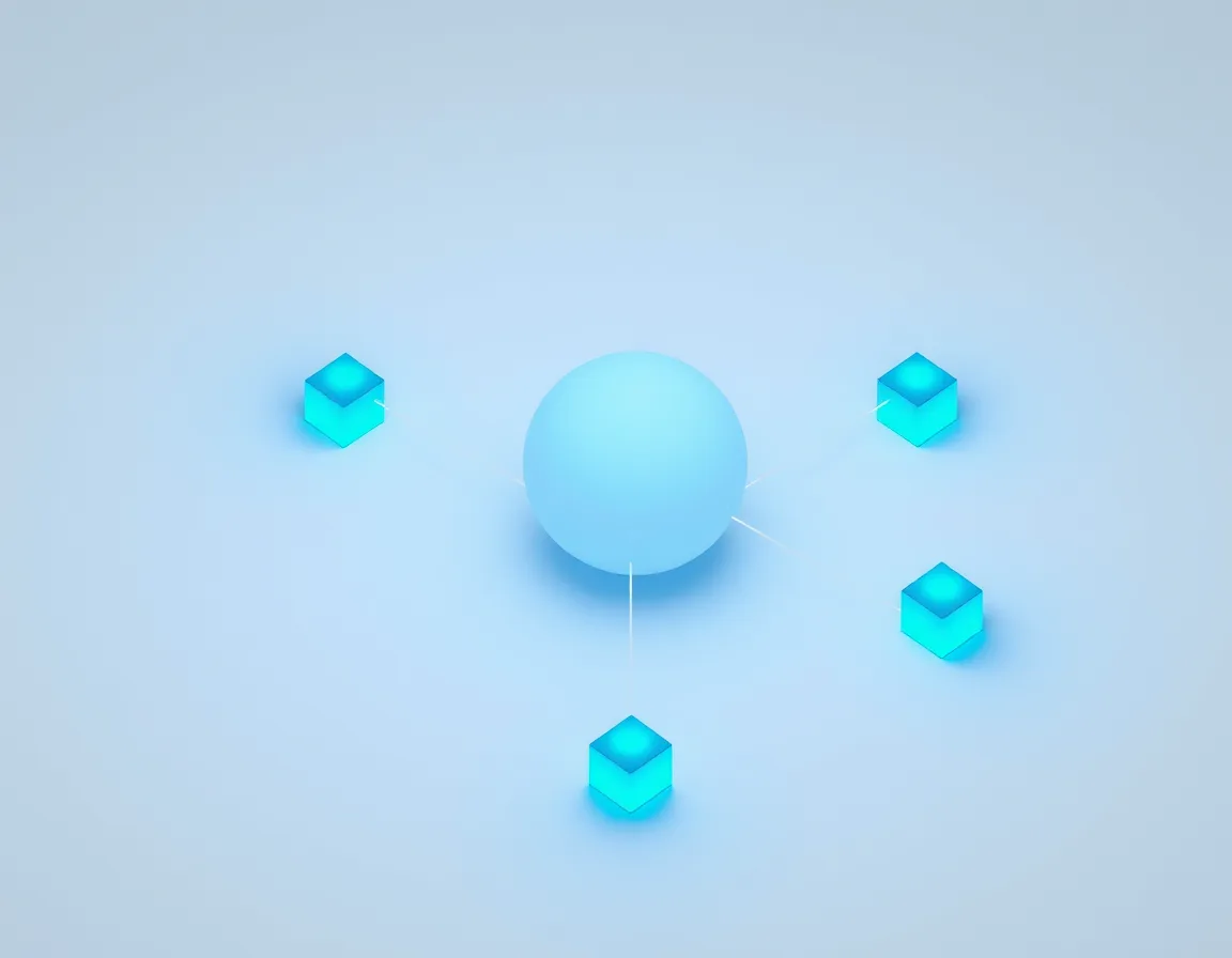 Four glowing blocks connected to a central hub, representing Logic Apps, API Management, Service Bus, and Event Grid linking enterprise systems