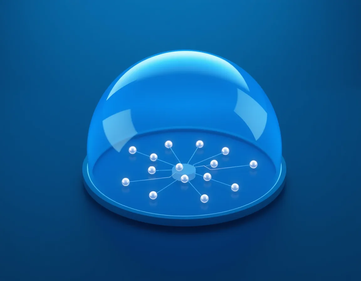 A protective translucent shield over connected network nodes, representing Entra ID and Purview governing access across integrated systems