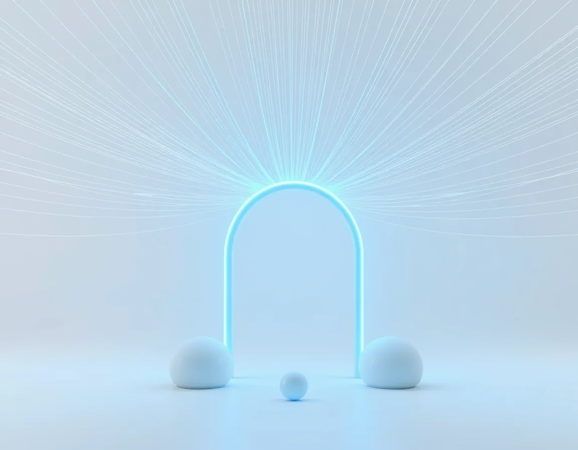 Many incoming light lines converging on a single glowing gateway arch, representing Azure API Management as one AI gateway for models and agents