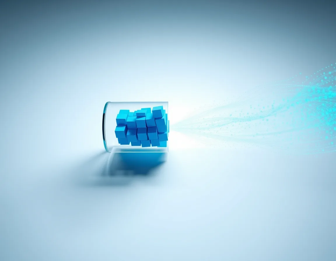Blue message cubes held in a glass queue beside a fast stream of fine data particles, representing reliable queued messaging versus high-volume event streaming