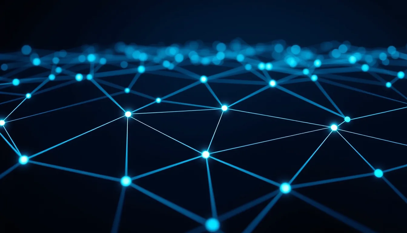 Azure integration patterns: interconnected glowing nodes forming a network across a dark navy background