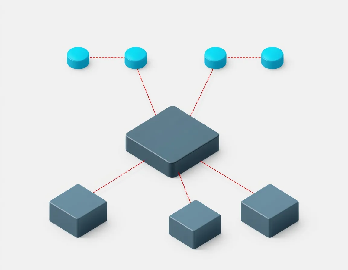 Peer-linked nodes above a central coordinator block connected to three service blocks by dashed red lines, representing saga choreography, orchestration and compensating actions