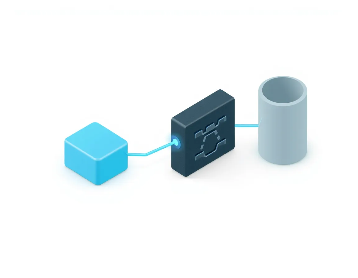 A blue workflow block linked through a dark code block to a data store, representing a Logic App calling an Azure Function for custom logic
