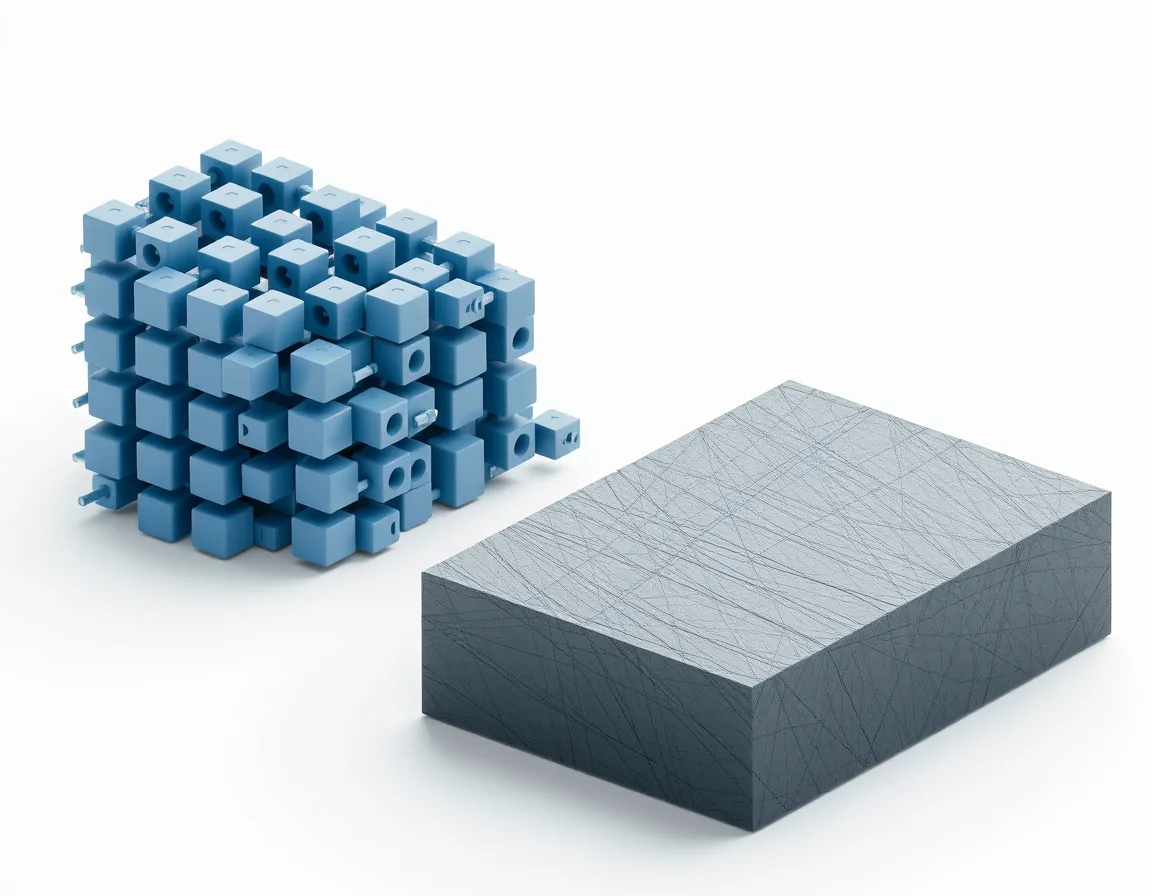 Two contrasting structures side by side, a modular connector grid and a solid code block, representing the core differences between Logic Apps and Functions