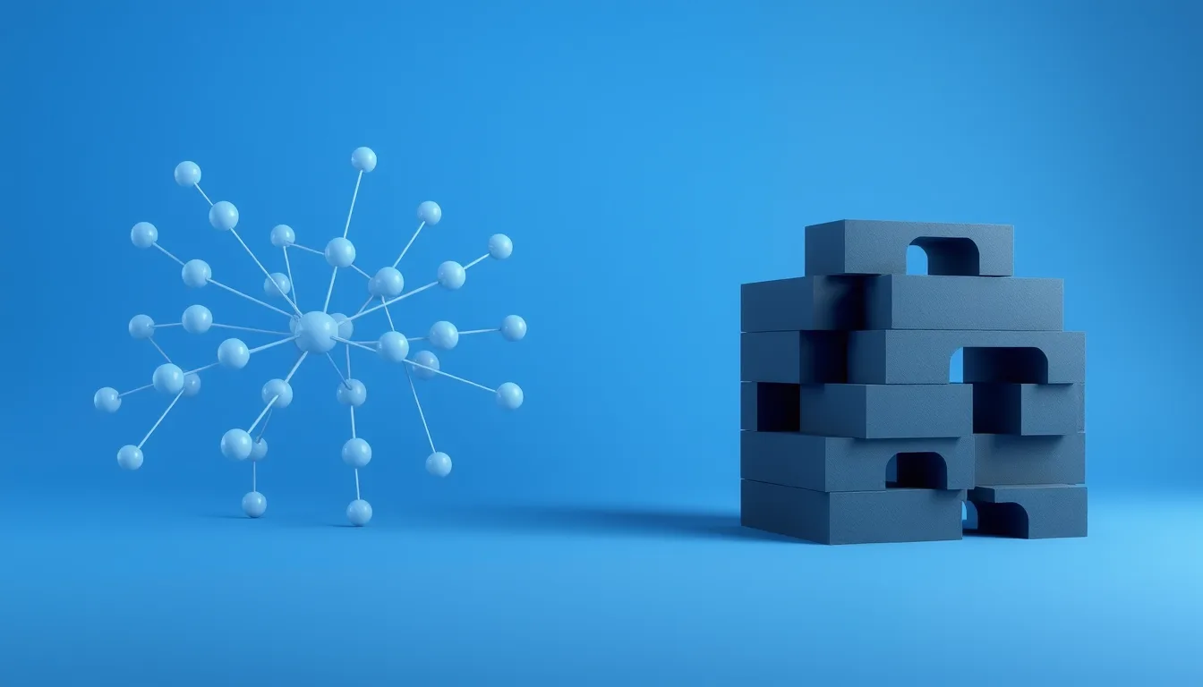 Azure Logic Apps vs Azure Functions: a network of connected workflow nodes beside a stack of solid code-like blocks