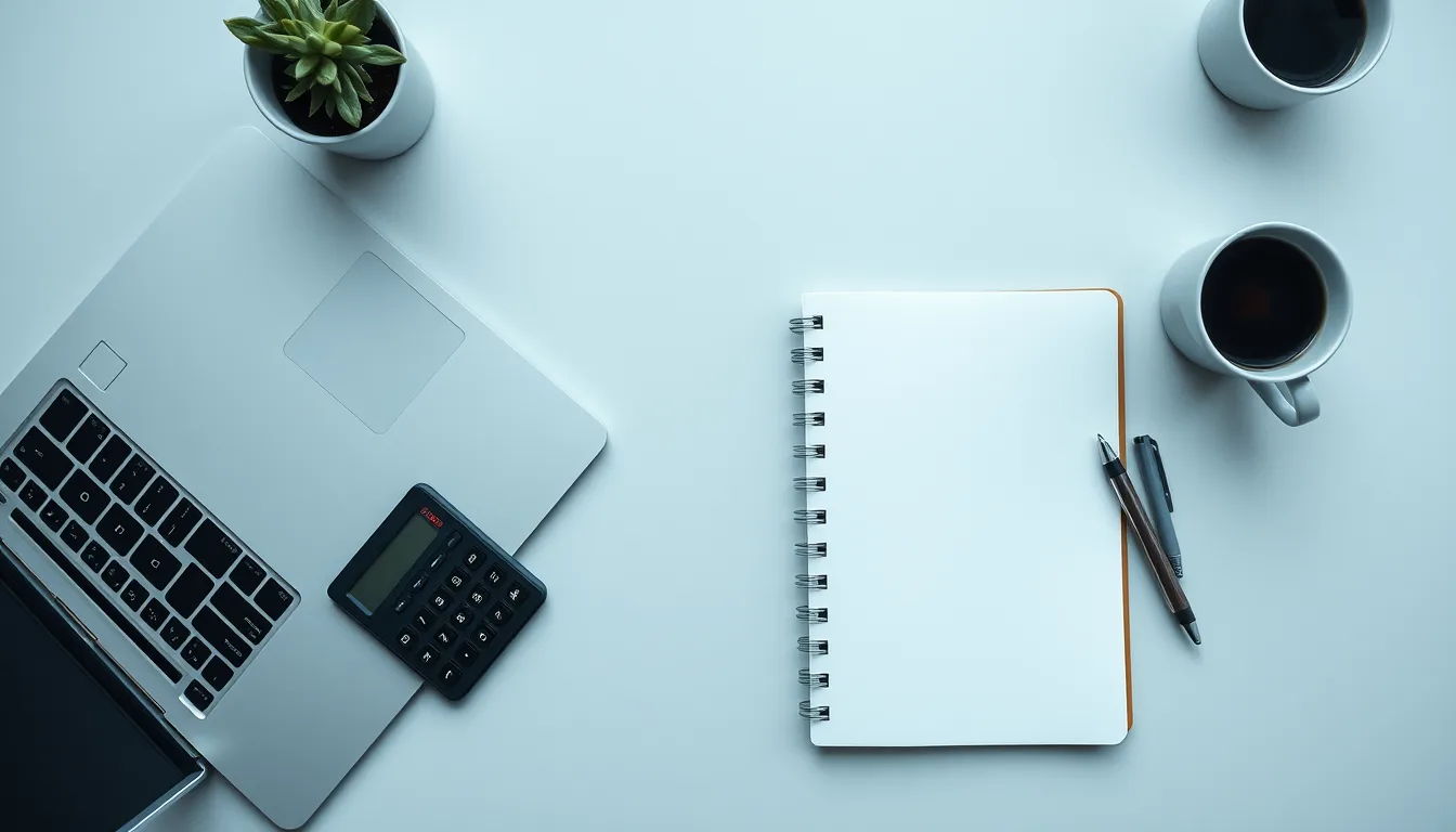 Overhead view of a desk with a laptop, calculator, and notebook used to plan Business Central license costs