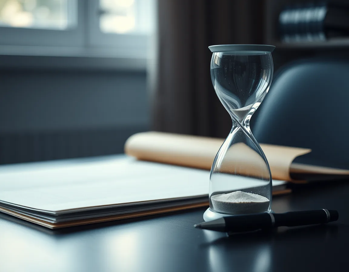 Hourglass beside a closed folder and pen, representing the timing of a Business Central subscription renewal