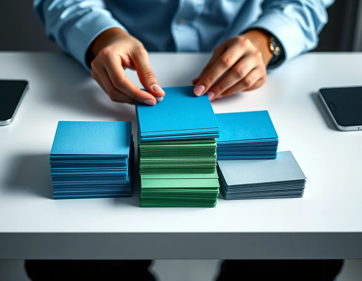 Hands sorting colored cards into three groups to match employees with Essentials, Premium, and Team Members licenses
