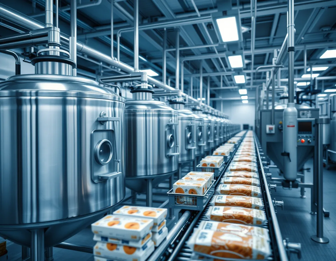 Production line with batch mixing tanks and packaged goods, illustrating when manufacturing needs Supply Chain Management