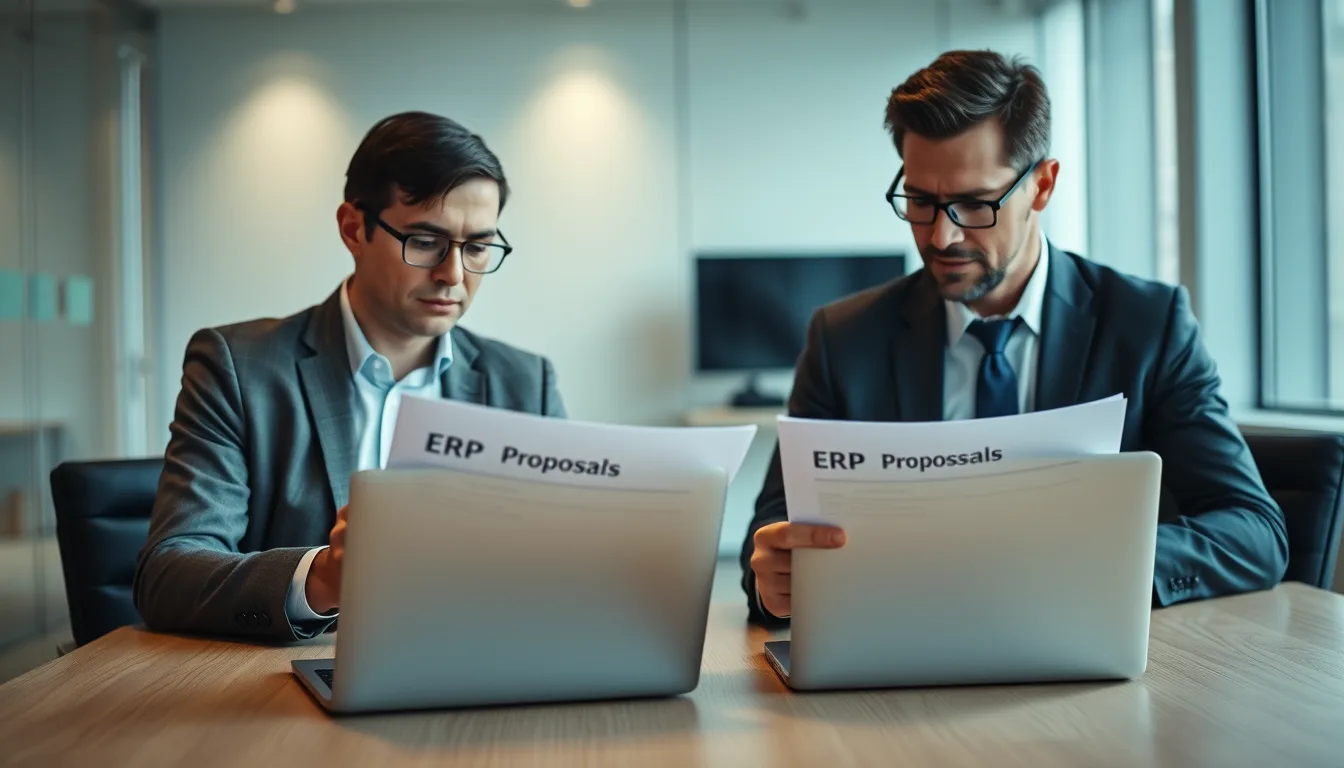 Business Central vs NetSuite comparison with two executives reviewing printed ERP proposals