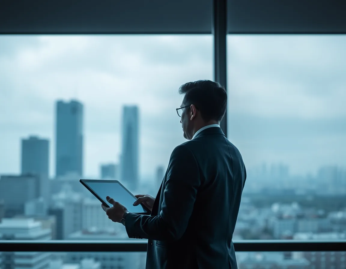 Finance leader at an office window weighing an ERP platform decision