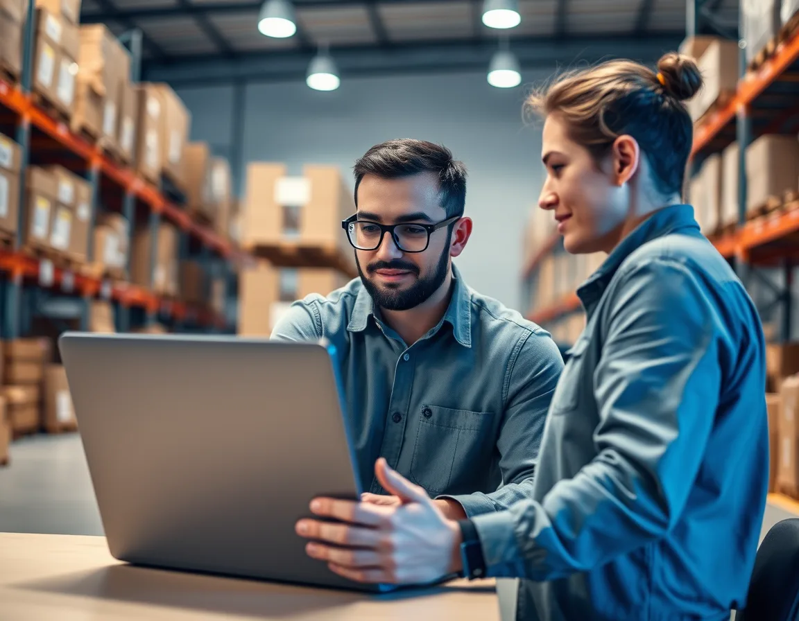Warehouse supervisor and office colleague working together on a laptop in a distribution center