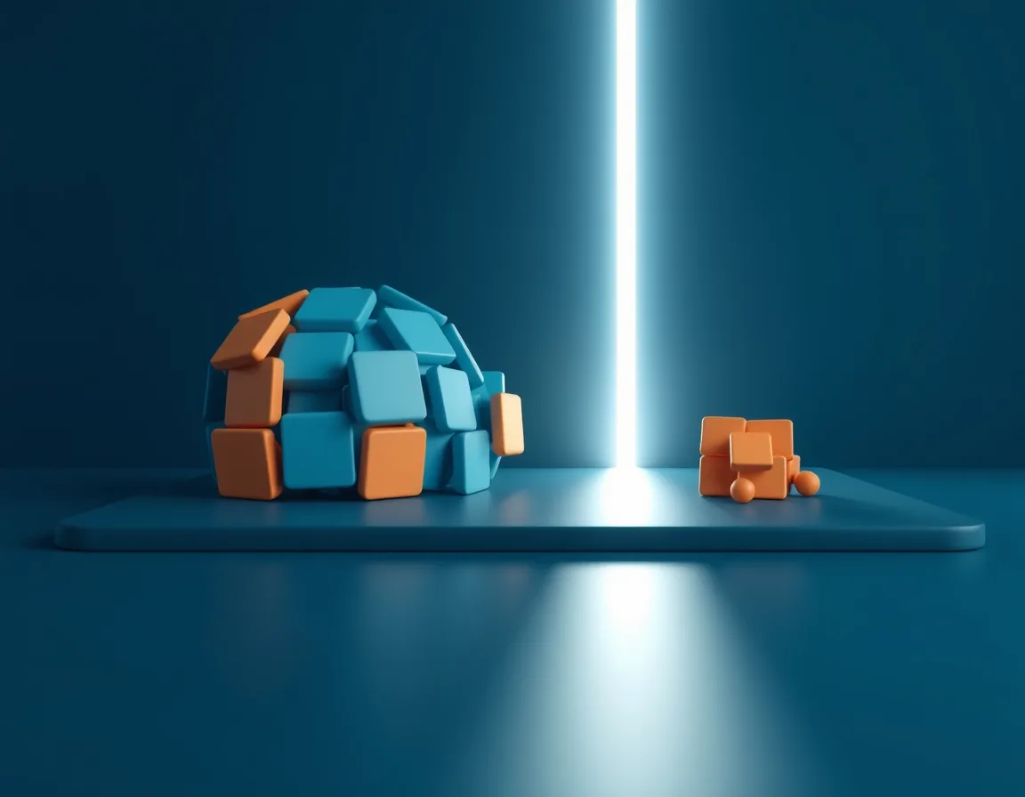 Two groups of rounded abstract tiles, one cool blue and one warm orange, separated by a thin glowing line