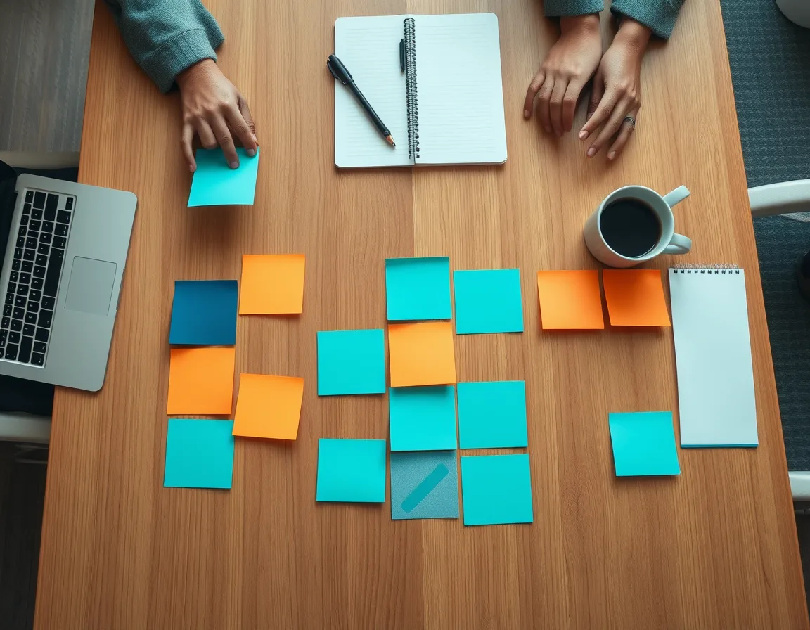 Hands arranging blank colored sticky notes into columns on a table next to a laptop
