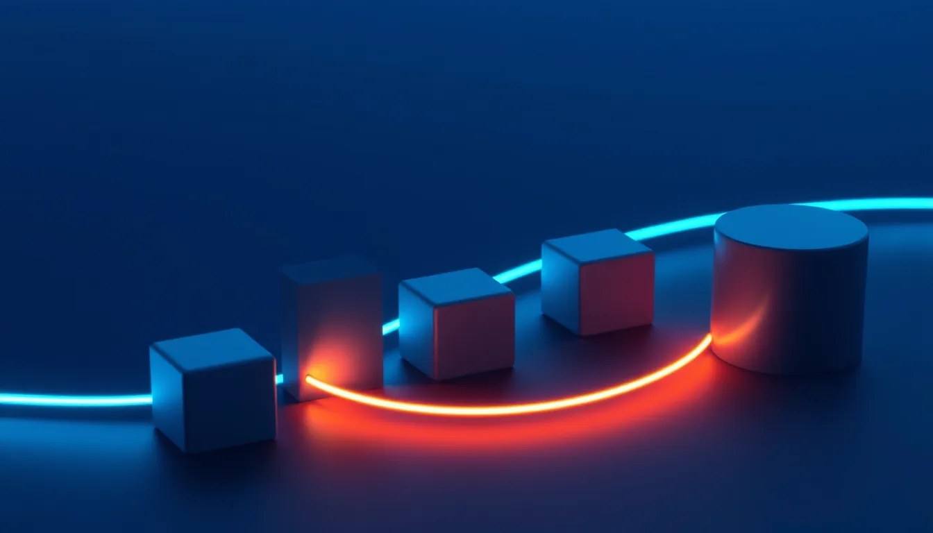 Abstract glowing paths connecting simple geometric blocks on a dark navy background, suggesting automated workflows