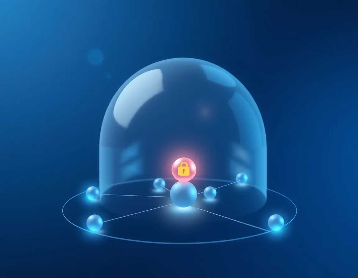 Translucent dome with a small padlock covering glowing connected nodes, representing governance over automated flows